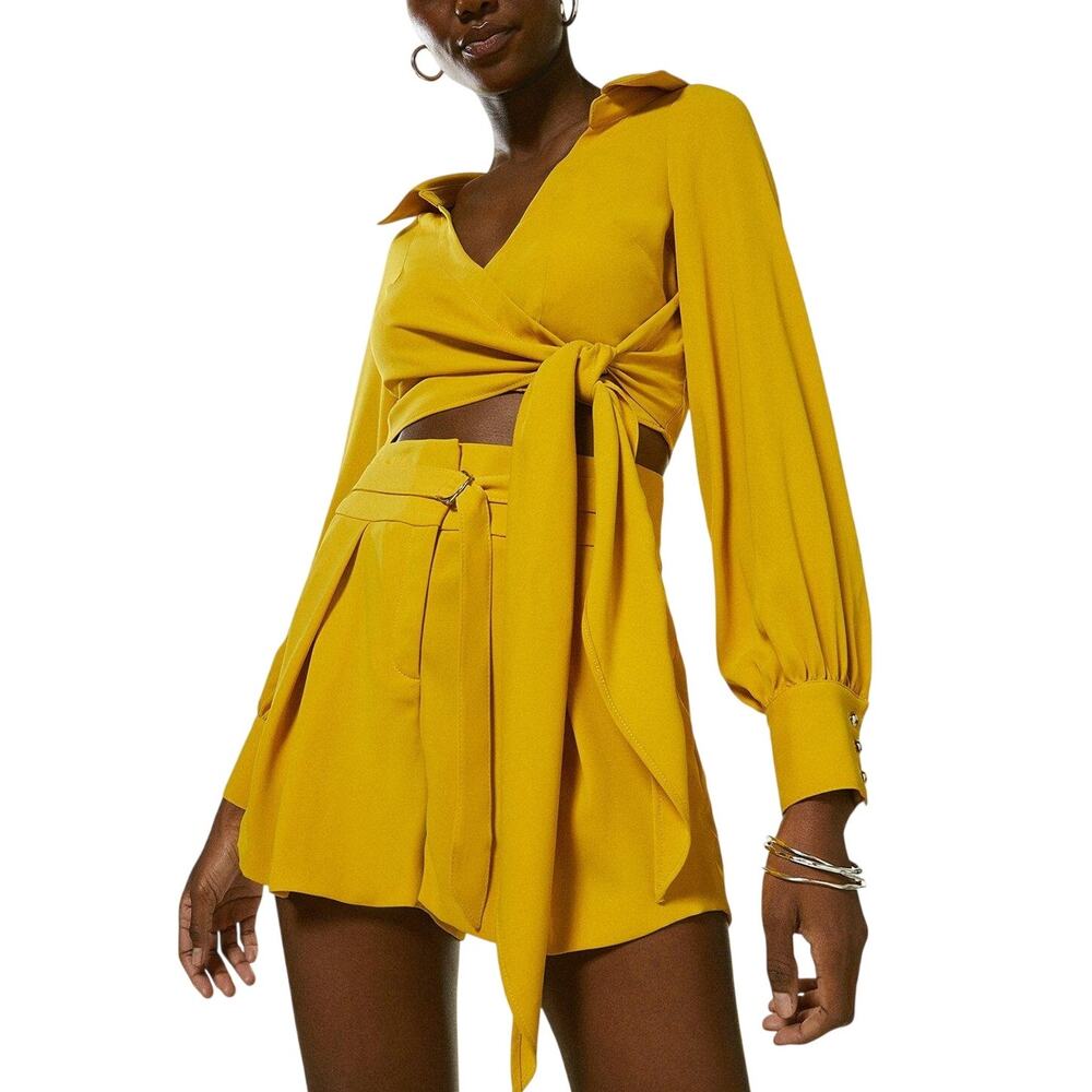 Karen Millen Soft Tailored Yellow Wrap Tie Waist Cropped Blouse Size 10 US